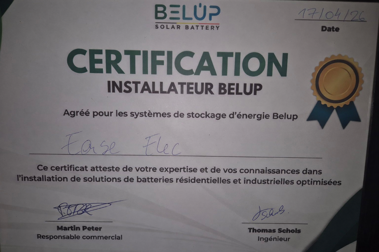 Certification Belup EaseElec Ataum